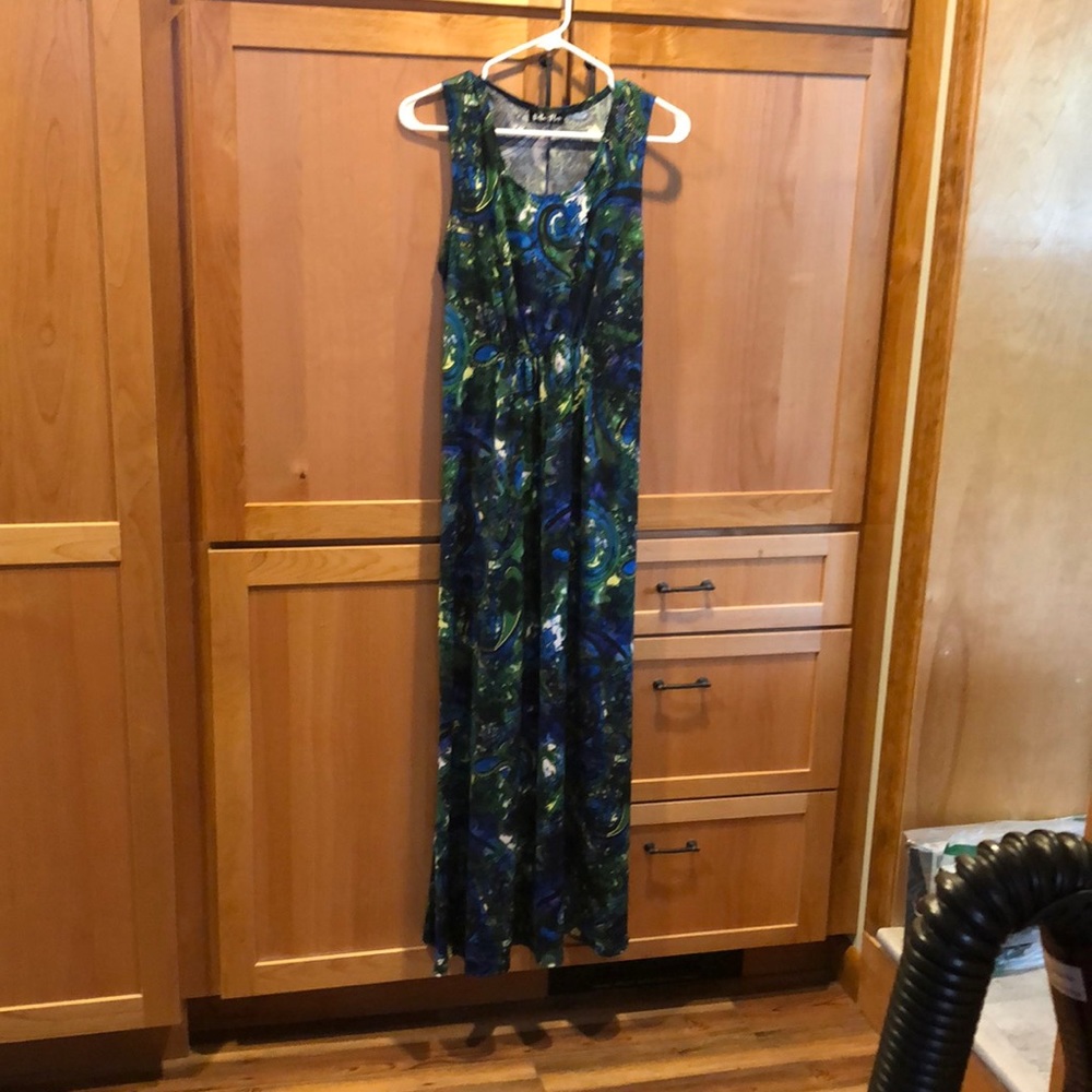 Maxi dress.  Size L.  Greens and blues with white, purple, and black.